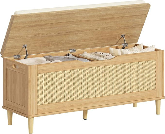 Keehusux 47.2" Extra Large Storage Bench with Cushion, Rattan Storage Chest with 2 Safety Hinges, Blanket Chest with Solid Wood Legs and Rounded Corners for Entryway, Bedroom, Living Room, Natural Oak