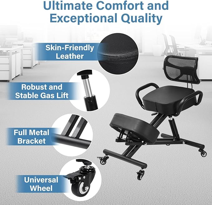 Ergonomic Kneeling Chair with Backrest & Lumbar Support, Adjustable Desk Chair with Wheels & Thick Cushion, Improve Sitting Postures & Relieve Lower Back Pressure, Perfect for Study & Work from Home