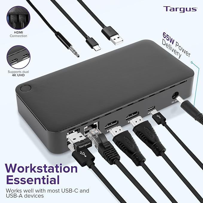 Targus USB C Docking Station Universal DV4K, USB C Laptop Docking Station Dual Monitor 2 HDMI, 65W Power Delivery, DisplayLink Works w/Operating Systems Like Windows, Mac, Android, iOS (DOCK310USZ)