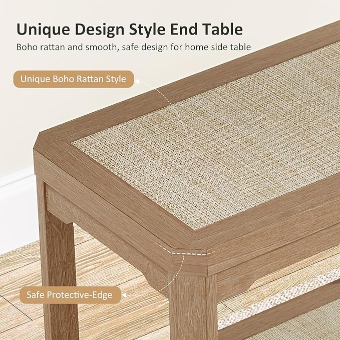 Eclatara Rattan Night Stand Set of 2 - Farmhouse 2 Tier End Table for Bedroomoom - Accent Side Table wtih Open Storage Shelves for Small Space Narrow Coffee Table Bamboo, Natural Oak