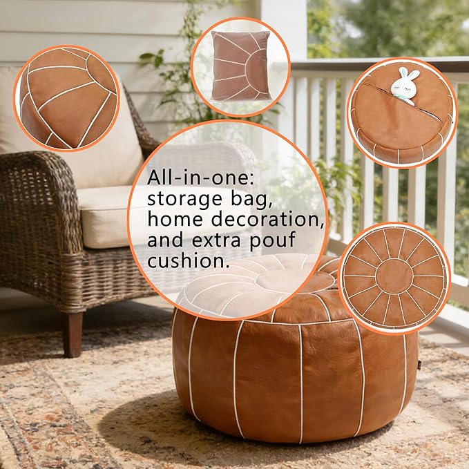 Thgonwid Unstuffed Moroccan Storage Pouf Foot Stool Ottoman Seat, No Filler Included, Handmade Faux Leather Bean Bag Floor Chair Foot Rest for Living Room, Bedroom or Balcony, Brown