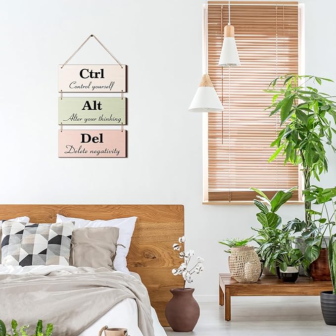 Qunclay 3 Pcs Office Wall Decor Boho Leaves Wood Rustic Hanging Cubicle Decor Summer Inspirational Ctrl Alt Del Sign Decoration for Bathroom Indoor Home Living Room