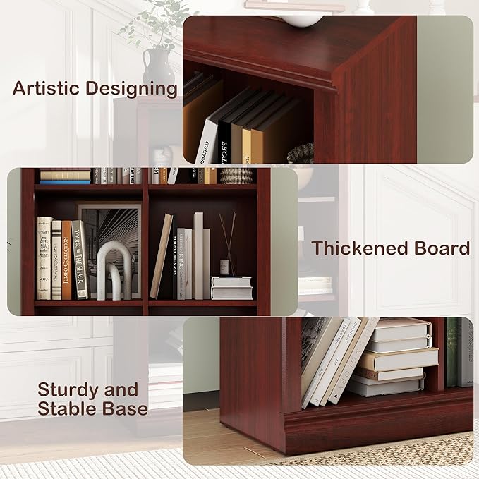 Bevfint 6 Cube Storage Organizer - 3 Tiers 6 Storage Cube Adjustable Space Book Case, Display Cabinet Organizer with Bookcase, 30 inch Width Horizontal Bookshelf for Home Library Office, Mahogany