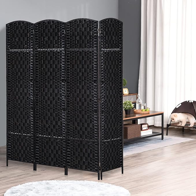 HOMCOM Room Divider 4 Panel, 6FT Tall Folding Privacy Screen, Freestanding Hand-Woven Partition for Room Separation with 360° Hinges, Paper Rope Diamond Weave, Black