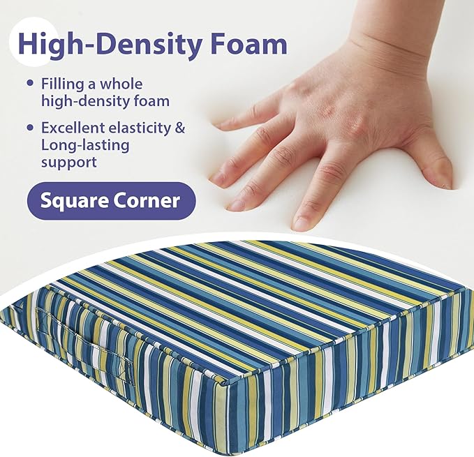 IPYNBAP Outdoor Chair Cushions Set of 4 -Waterproof Outdoor Seat Cushions for Patio Furniture, Patio Chair Cushion with Handle and Ties, Out Door Chair Pads,19x19x3-Square, Blue Stripe