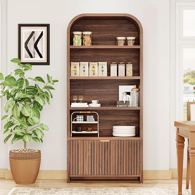 LEVNARY Arched Bookcase with Drawer, 70" Tall 5-Tier Bookshelf with Fluted Carved Drawer, Freestanding Display Storage Cabinet for Living Room Bedroom Home Office (Walnut)