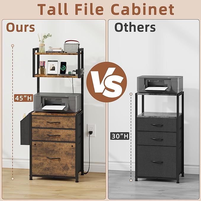 HIGDBFE 3 Drawer File Cabinet with Charging Station, 45''H, 3-Tier Filing Cabinet for Home Office, 11''*16'' for Small Printer, Fabric Drawer Fits Letter/A4, Tall Printer Stand, Rustic Brown