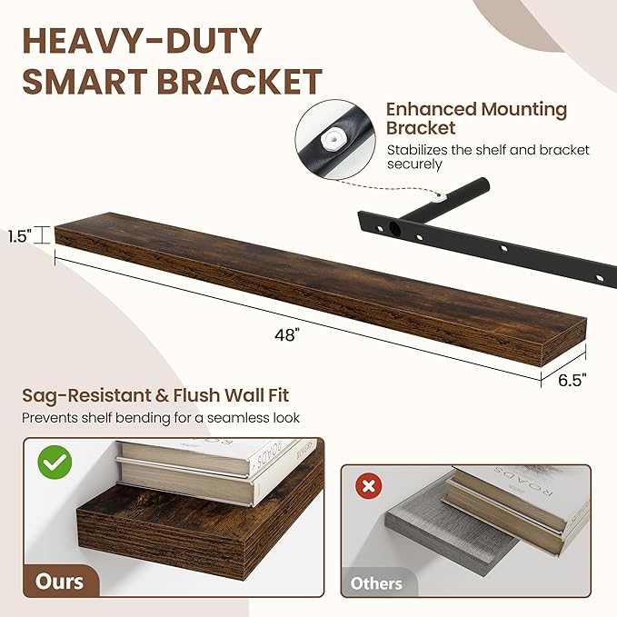 Acovy 48 Inch Floating Shelves for Wall 1 Pack, 48" Wall Shelves for Books, Storage, Decor, Wall Mounted Floating Shelf with Invisible Brackets for Kitchen, Living Room, Brown
