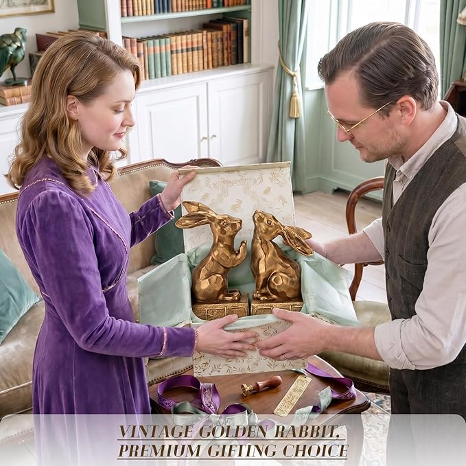 Tatuo 2 Pcs Decorative Rabbit Bookends for Shelves, Bunny Gift Book Ends for Heavy Books Animal Stopper Retriever Statues Bookends with Anti-Slip Base for Book Lover Home Bookshelf, Bronze