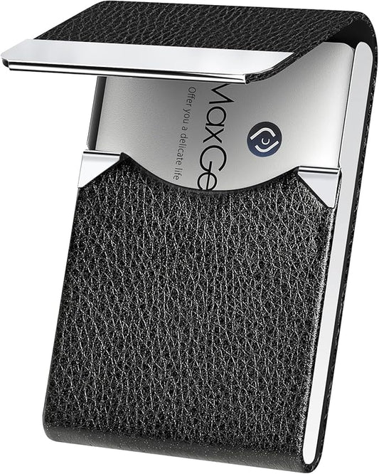 MaxGear Business Card Holder, PU Leather Business Card Case Pocket Card Holders for Men or Women, Metal Slim Name Card Holder RFID Blocking Business Card Carrier with Magnetic Closure, Black