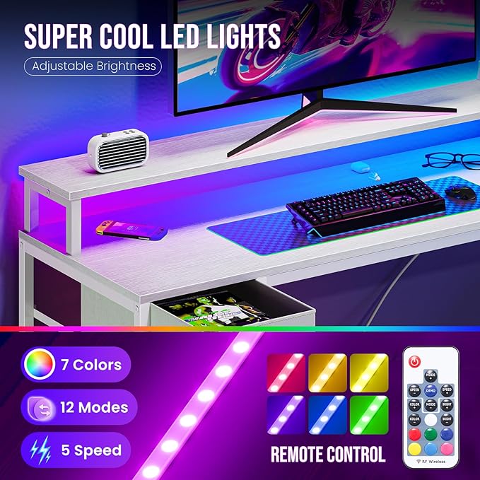 DUMOS 47” Gaming Desk with USB Charging Ports & LED Lights, Reversible L Shaped Desks Computer Corner Gamer Table with Power Outlets Monitor Stand Storage Shelves for Home Office Small Space, White