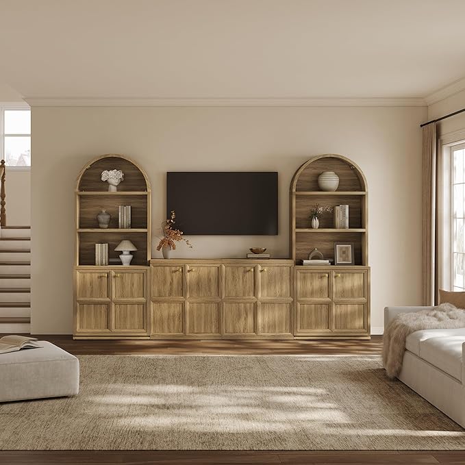 SICOTAS 81" Tall Arched Bookcase, Large Bookshelves with Storage, Modern 5-Tier Arched Cabinet with Adjustable Shelves & Cable Management for Home Office Library Living Room Kitchen, Brown Oak, 1 PCS