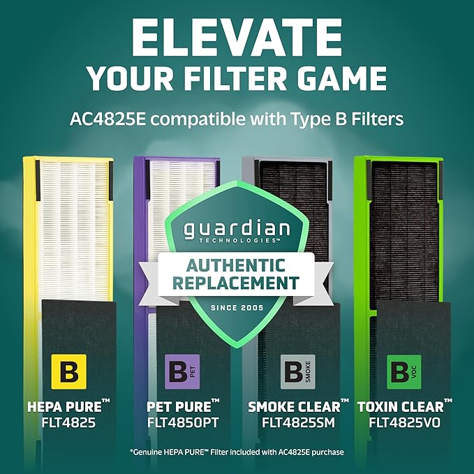 GermGuardian 4-in-1 HEPA Air Purifier for Home, Large Rooms Up to 743 Sq. Ft. with HEPA Air Filter, UV-C Light & Odor Reduction, AC4825E, 22 Tower Gray"