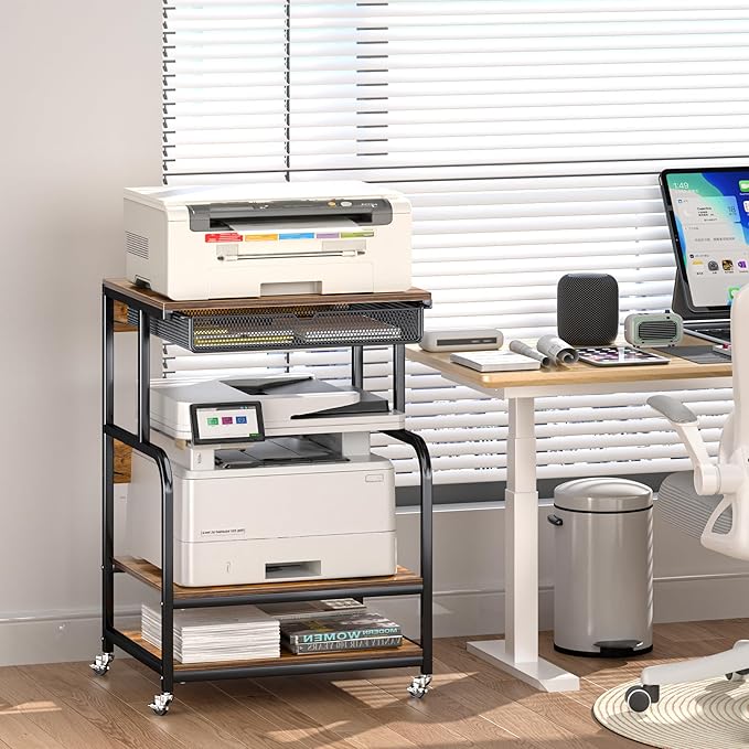 Large Printer Stand with Storage Shelf, Industrial Rolling Printer Cart Holder with Lockable Wheels, 5-Adjustable Heights, 3D Scanner Fax Printer Table for Home Office Use