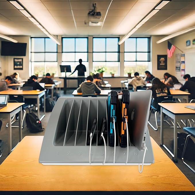6-Pack | 8-Device Laptop & Tablet Charging Station for Multiple Laptops - Chromebook Organizer for Classroom & Office - Fits up to 17'' Screensize and 1.375'' Thick