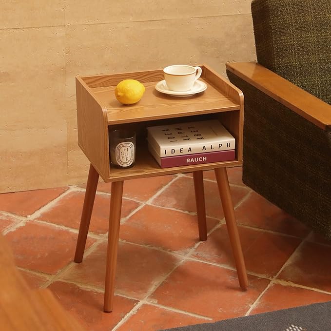 MaxSmeo Nightstands Set of 2, Mid Century Modern Side Table Bedroom with Storage, Small End Bedside Table Set of 2 with Solid Wood Legs for Living Room, Office Small Spaces (Brown)