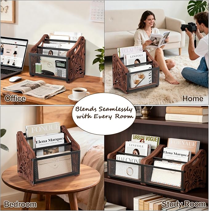 QILICHZ Magazine Holder,3-Compartment Magazine Rack Floor,Wood Magazines File Holder Organizer,Rustic Magazines Storage Basket for Books,Newspapers,Mails,Files