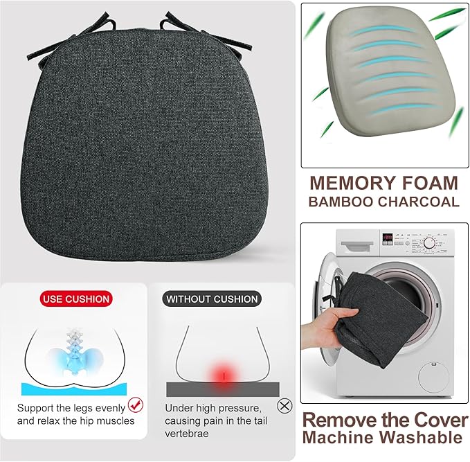 SINOSSO 1 Pack Memory Foam Chair Cushions for Dining Chair, Friendly Woven Fabric 16" U-Shape Comfortable Kitchen Chair Pad, Removable Slip Resistant Seat Cushion (1 Piece, Black)