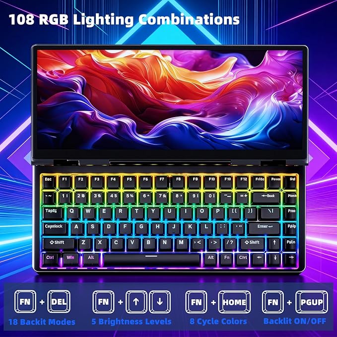 12.8" Portable Monitor Touchscreen with Mechanical Keyboard Stretched Bar Screen Extender RGB Backlit Hot-Swap USB-A Type-C Monitor for Laptop Desktop Mini PC MacBook (Driver Need)