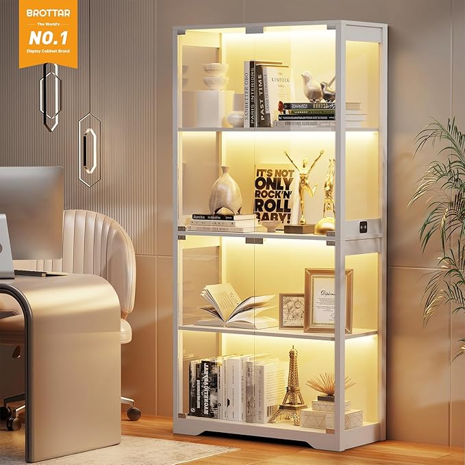 BROTTAR Display Cabinet with Glass Doors, 4-Tier Curio Cabinet with 3 Color Lights for Collectibles, Glass Display Case with Human Body Sensor, Bookcase with 4 Shelves, Storage Cabinets, White