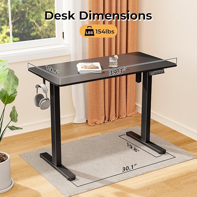 Electric Standing Desk, 40" ×20" Samll White Standing Table, Height Adjustable Compact Sit Stand Desk with Splice Board, Home Office Table with 2 Hooks, Black