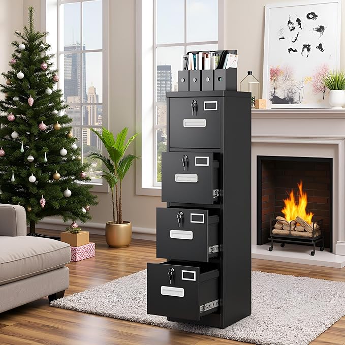 SUXXAN 4 Drawer File Cabinet with Lock and Name Card Slots, Heavy Duty Metal Vertical Filing Cabinet for Home Office for Letter/Legal/A4 Size, 17.72" D x 14.96" W x 55.2" H, Black