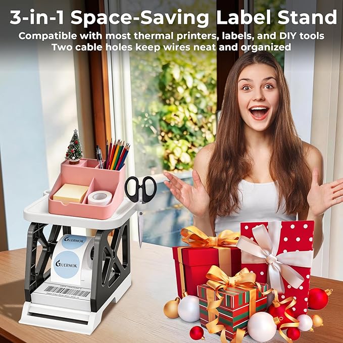 Guermok 3-in-1 Thermal Label Holder Stand for Printer – Desk Organizer for Roll & Fan-Fold Labels, Cable Management, Easy Assembly for Home, Office, Retail & Small Business(Black)