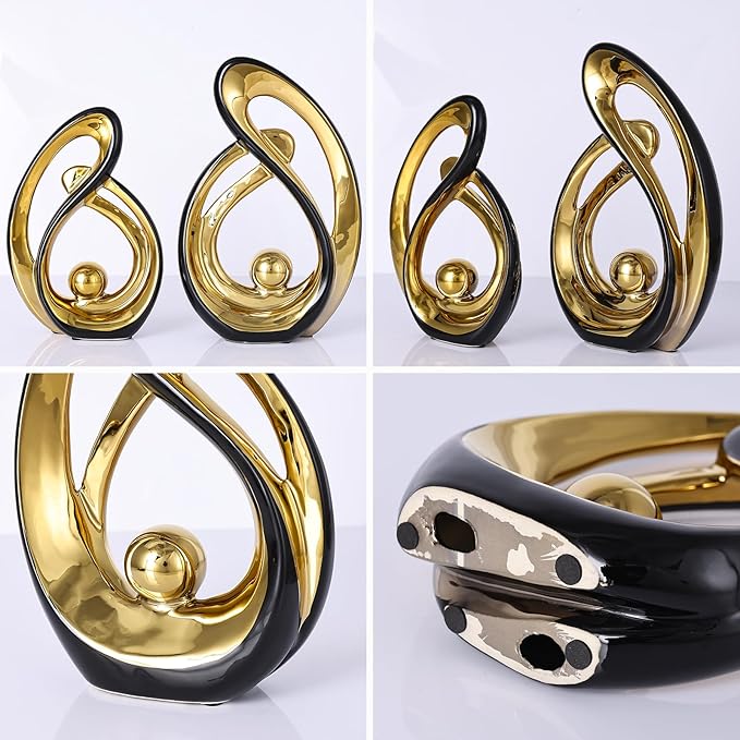 DOVDOV Abstract Ceramic Statue 2 Piece Home Decor Accessory Set, Mid-Century Modern Art Decor and Accessories, Black and Gold Living Room Coffee Table Dining Table Center Foyer Entry Table Decor.