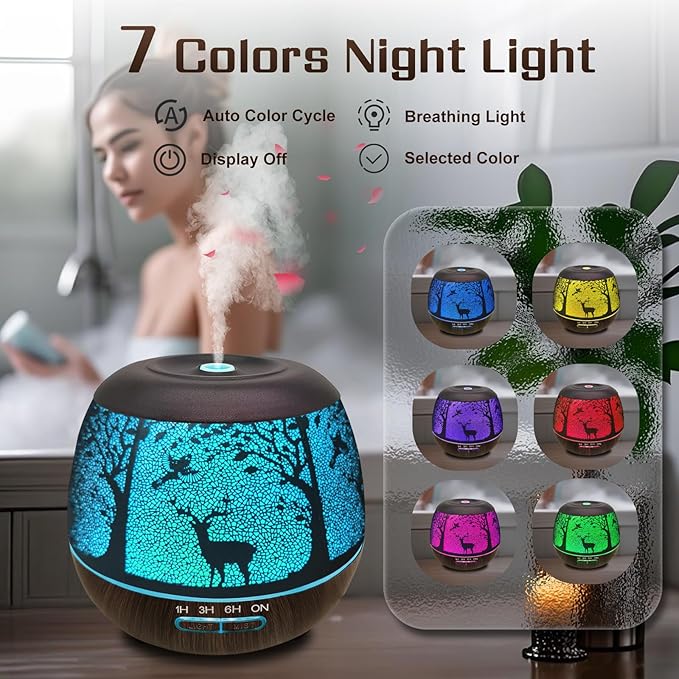 Essential Oil Diffuser for Bedroom,Diffusers for Home with Remote Control,Cool Mist Humidifier Large Room，Ultrasonic Scent Diffuser Waterless Auto Off,7 Colors Light & 3 Mist Modes for Desk Deer