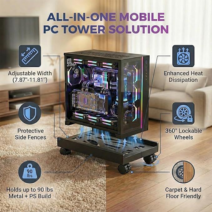 Adjustable Mobile CPU Stand with 4 Caster Wheels - Ventilated Tower Stand, Fits Most PCs - Under Desk CPU Holder, PC Floor Cart, Riser for Gamers and Students (Black)