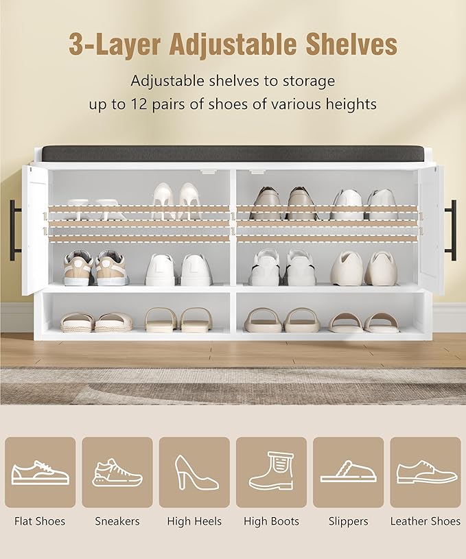 Farmhouse Shoe Storage Bench with Cushion, Entryway Bench with Adjustable Shelves and Open Bottom Shelf, Hidden Shoe Cabinet Storage for Entryway, Hallway, Living Room, Bedroom, White