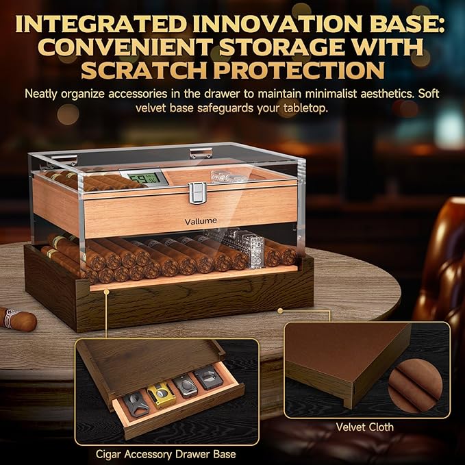 VALLUME Acrylic Humidor Box,High-Definition Transparent Cigar Case,Lock Latches and 90-Degree Opening Hinges Cigar Box,Cigar Accessory Drawer,Digital Hygrometer and Humidifier,Holds About 50-60 cigars