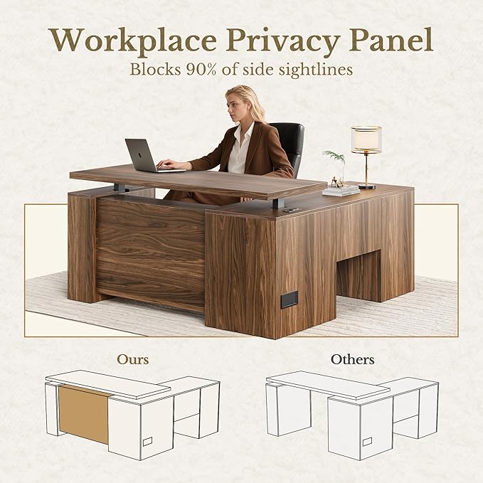 63 Inches L Shaped Standing Desk, Executive Electric Height Adjustable Desk with Drawers and File Cabinet, AC/USB, 1.18" Thiken Desktop and Privacy Panel for Home Office, Black Walnut