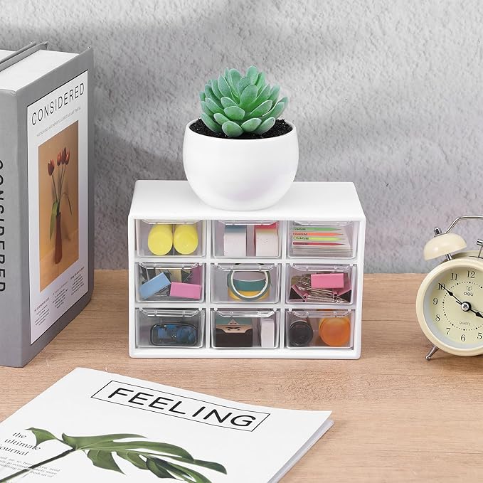 2 Pcs Mini Plastic Drawer Organizer with 9 Clear Drawers, White Small Desktop Storage Compartments for Office, School, Home, Craft Supplies & Jewelry