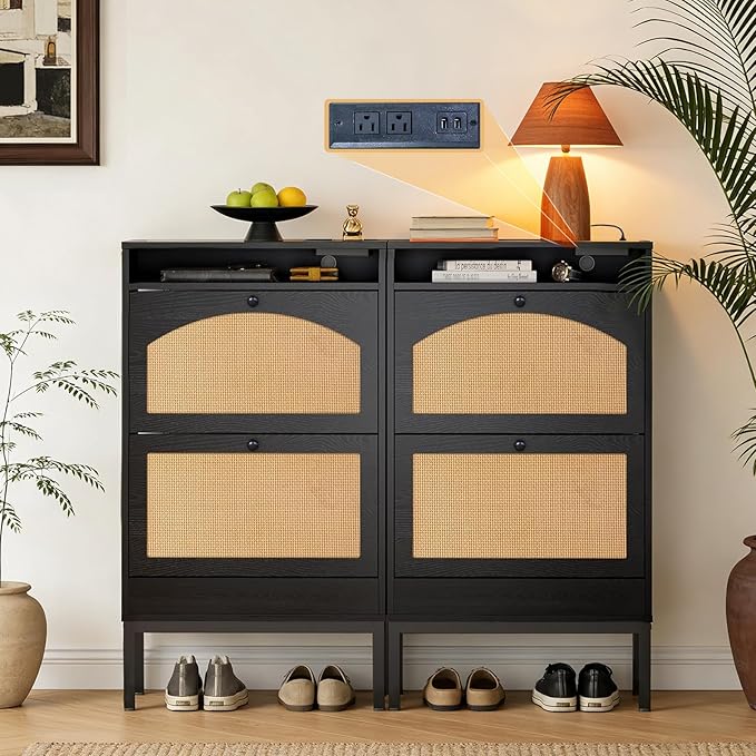 LUCKLIFE Shoe Cabinet with Charging Station, Flip Down Shoe Storage Organizer with Adjustable Shelves, Hidden Slim Shoe Rack with Anti-Tip Kit for Entryway or Hallway, Black Wood - 2 Pack