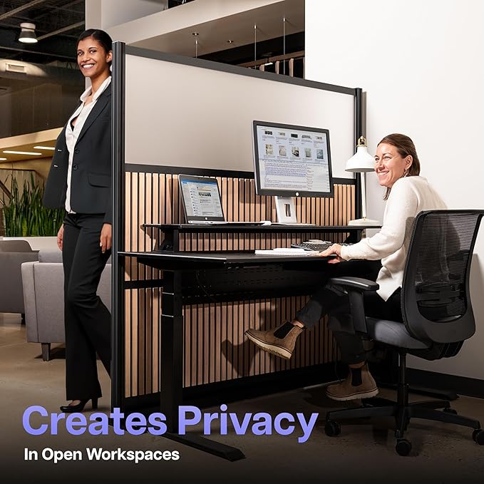 Room Divider for Office Privacy – Modular Freestanding Acoustic Office Partition with PET Sound Dampening Panels and Faux-Wood Slats, 70” x 70”, Grove Sound Dampening Wall, Black Frame, Easy Assembly