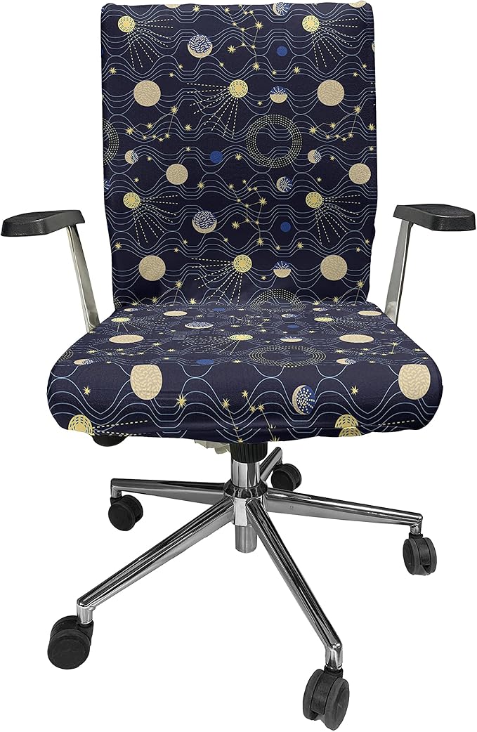 Ambesonne Night Sky Office Chair Cover, Retro Style Sky Illustration with Cosmic Elements, Stretchable Decorative Universal Size High Back Printed Slipcover, Indigo Brown