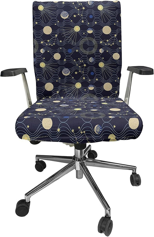 Ambesonne Night Sky Office Chair Cover, Retro Style Sky Illustration with Cosmic Elements, Stretchable Decorative Universal Size High Back Printed Slipcover, Indigo Brown