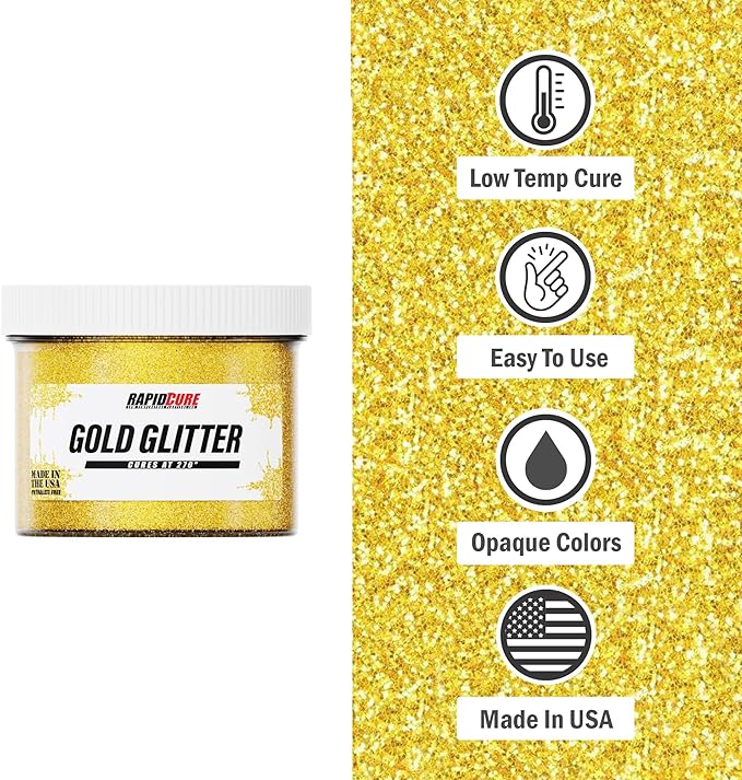 Rapid Cure® Screen Printing Ink Gold Glitter (8 oz.) - Plastisol Ink for Screen Printing Fabric - Low Temp. Curing Plastisol by Screen Print Direct - Gold Glitter Silk Screen Printing Ink