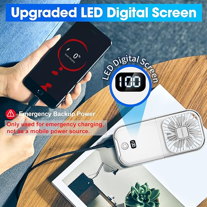 USB Rechargeable Upgraded 5-in-1 Portable Handheld Fan, Necklace Fan, Desk Fan, Foldable Phone Stand, 4 Speeds Airflow, Quiet Personal Fans with LED Digital Screen (White)