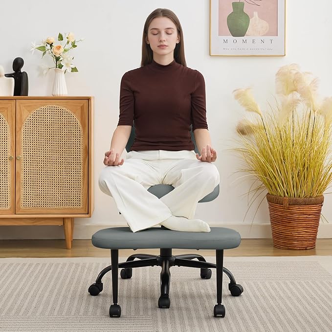Criss Cross Legged Meditaion Chair,Exquisite Home Office Furniture,Ergonomic Kneeling with Lumbar Support and Adjustable Height Stool,for ADHD Adults,Teddy Fabric (Grey, Faux Leather)