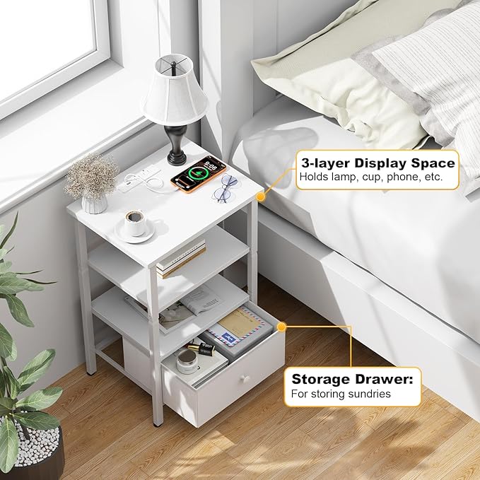 Side Table with Charging Station, Nightstand with Adjustable Fabric Drawer, Bedside Table for Bedrooms, Living Rooms & Home Decor (White)