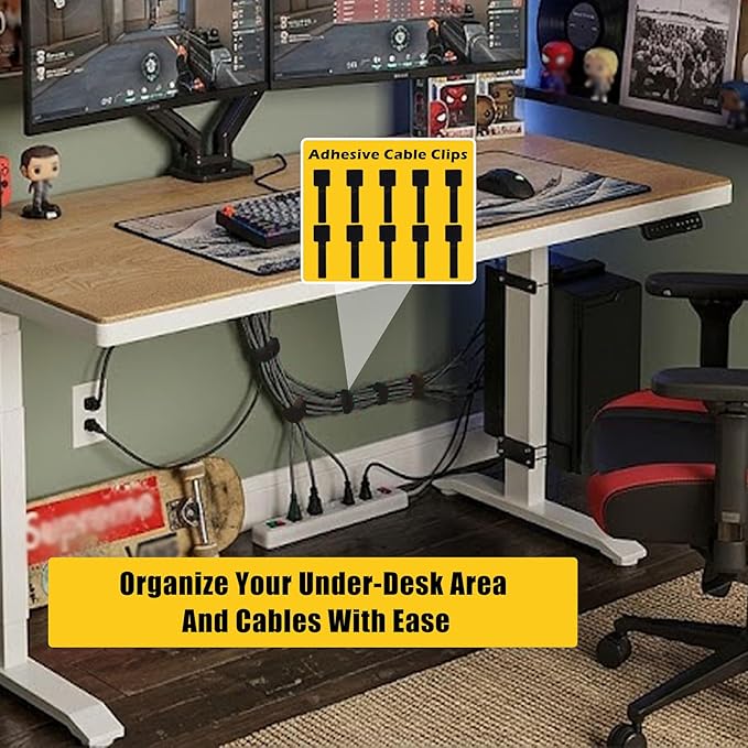 Under Desk PC Mount for Standing Desk, Universal Clamp-On PC Under Desk Mount with 10PCS Adhesive Cable Clip, No Drilling Heavy Duty Adjustable Computer Case CPU Holder Fits Most Towers, Up to 44Lbs