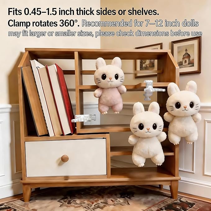 Heavy-Duty Doll Holder compatible with Large Labu Figures & Plush, Invisible Display Clamp for Bookshelf Desk, High-Resilience Resin L Type Fit 7-12" Large Dolls (1 Set, White) (Dolls Not Included)