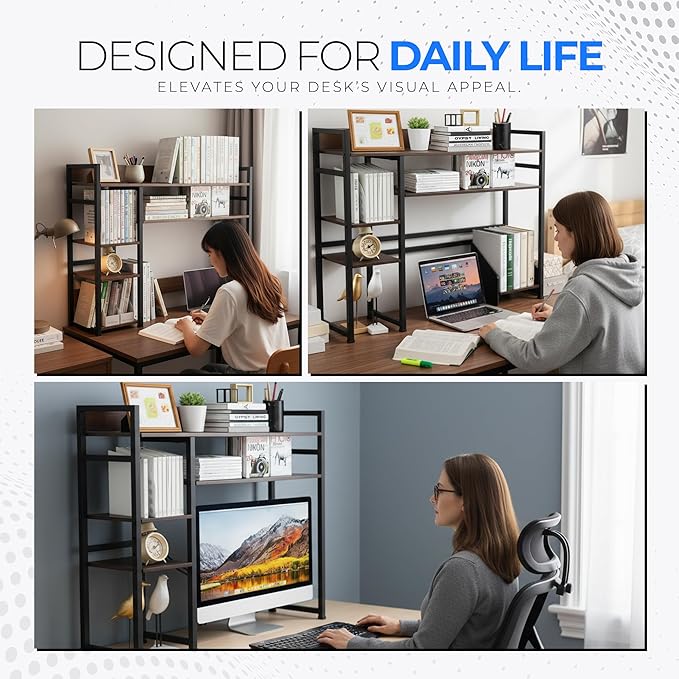 Desk Shelf Storage, 38 Inch, 4-Tier Wood Bookshelf Organizer, Computer Desk Hutch – Dark Brown, Desktop Bookshelf Organizer Shelf for Desk for Dorm Workspace and Home Office Use