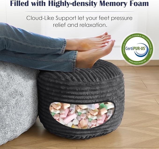 SHOUREN Stuffed Round Pouf Ottoman,Corduroy Foot Rest with Shredded Foam Filling, Lightweight and Fluffy Pouf Storage Ottoman for Living Room,Floor Poufs for Couch,18"x 14", Dark Grey