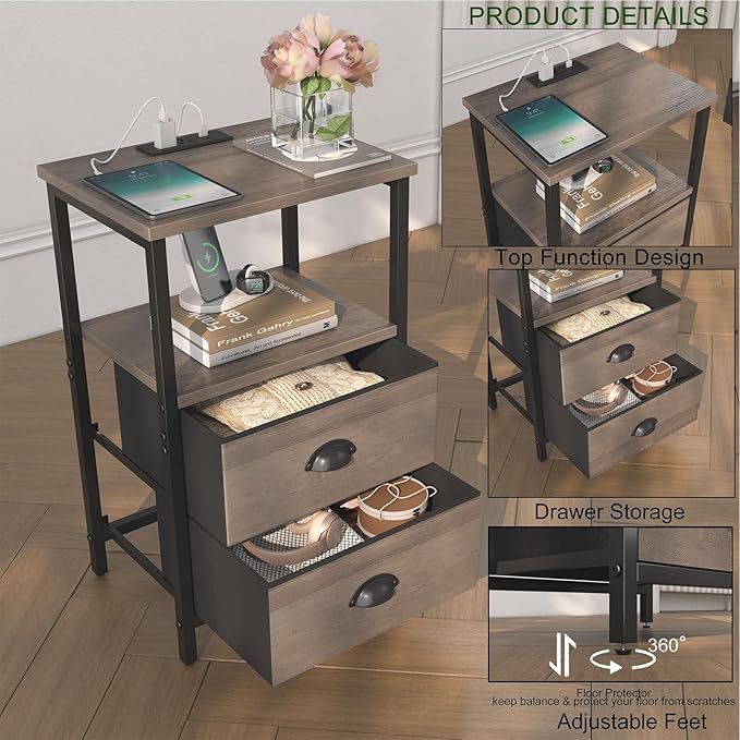 sthmec Nightstand with Charging Station, LED Night Stand with 2 Fabric Drawers, Grey Bedside Tables End Table with Drawers, 2-Tier Storage Side Table Nightstand with Drawers for Bedroom, Grey