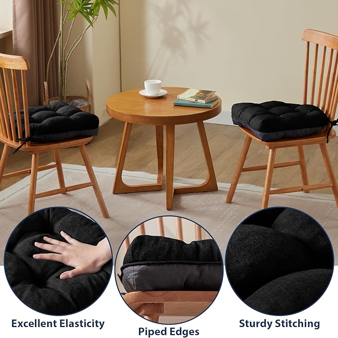 IASEAHK Chair Cushions for Dining Chairs, Seat Cushions for Kitchen Chairs, Indoor Seat Cushions with Ties, Tufted Foam Chair Pads, Non Slip Chair Cushions Set of 4, 15.5" x 15.5" x 4", Black