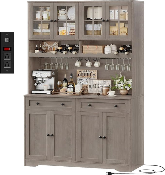 HOSTACK 75.4" Tall Kitchen Pantry Cabinet with Charging Station, Modern White Kitchen Hutch with Microwave Stand and Wine Rack, Large Food Pantry Storage Cabinet with Glass Doors and Drawers, Ash Gray
