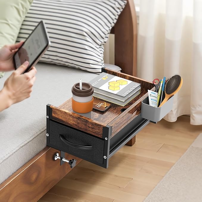 Bedside Shelf for Bunk Bed, 2 Tier Clip On Bed Shelf with Drawer & Cable Management, Under Mattress Bedside Shelf for Dorm Room, Loft Frame, College Dorm Essentials, Back to School (Brown)